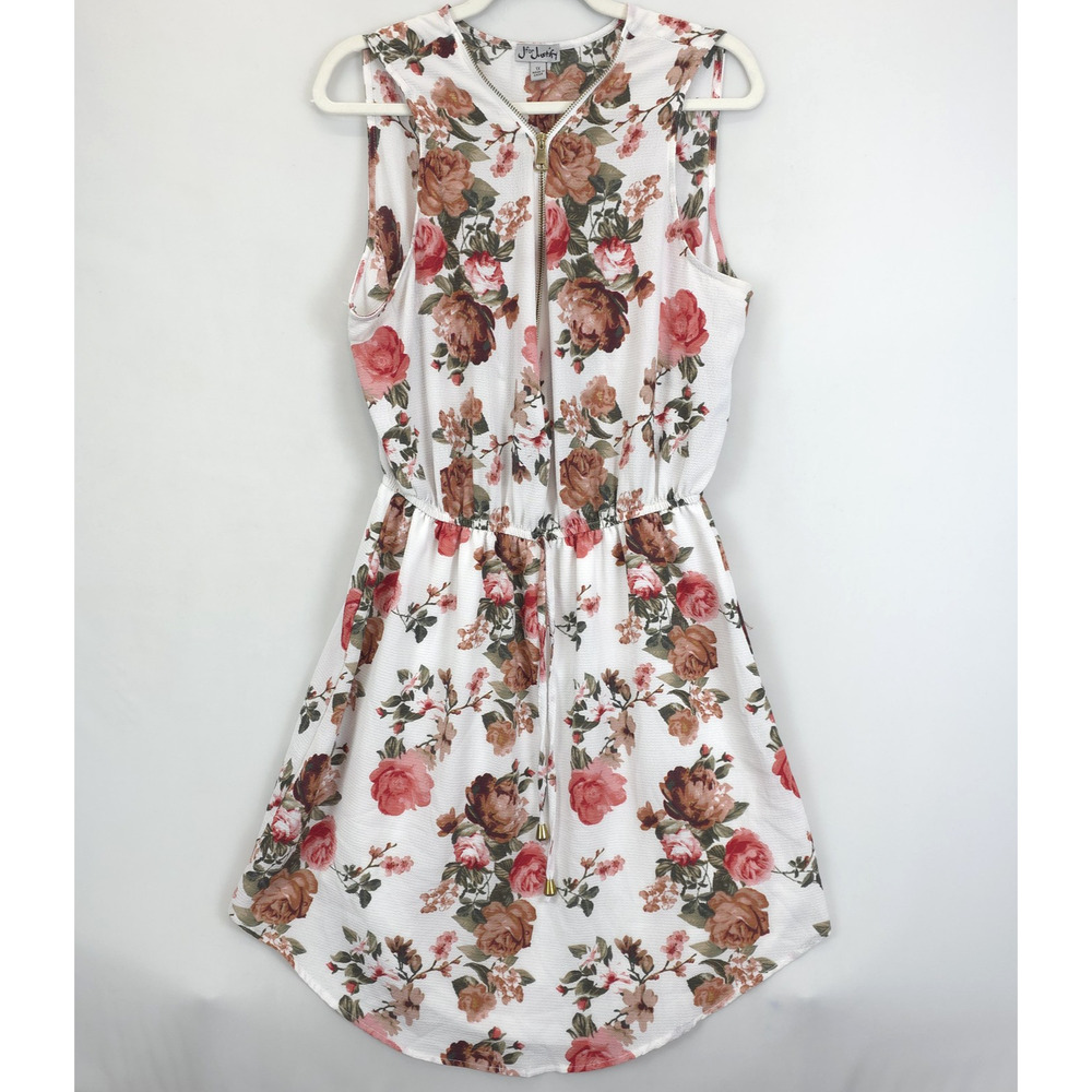 J for Justify Dress Womens 1X White Floral Sleeveless Zip Front Lined Summer